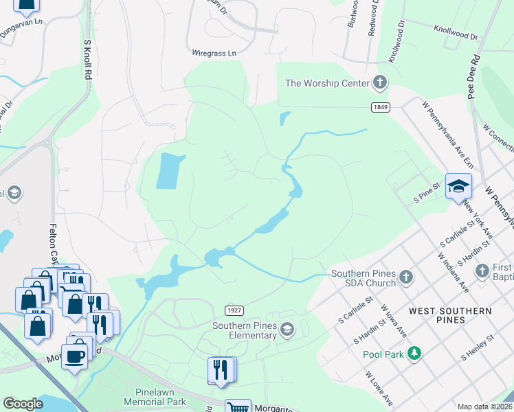 map of restaurants, bars, coffee shops, grocery stores, and more near 220 Eagle Point Lane in Southern Pines
