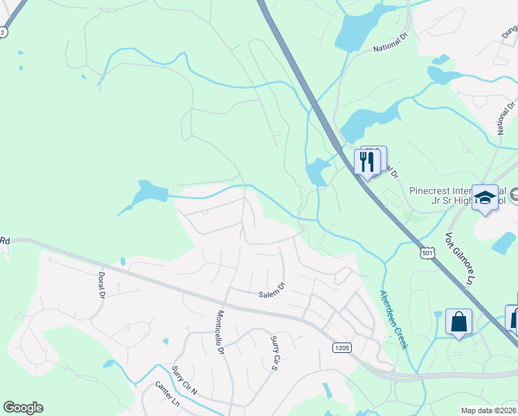 map of restaurants, bars, coffee shops, grocery stores, and more near 7 Deerwood Court in Pinehurst