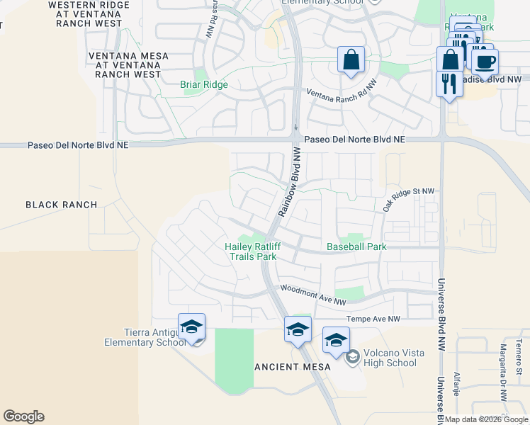 map of restaurants, bars, coffee shops, grocery stores, and more near 7211 Teypana Road Northwest in Albuquerque