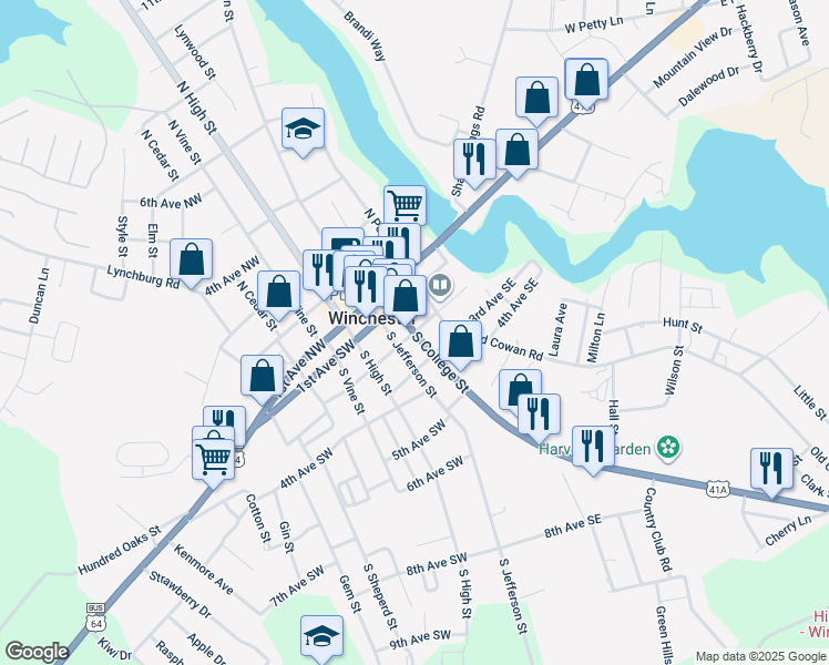 map of restaurants, bars, coffee shops, grocery stores, and more near 202 2nd Avenue Southeast in Winchester