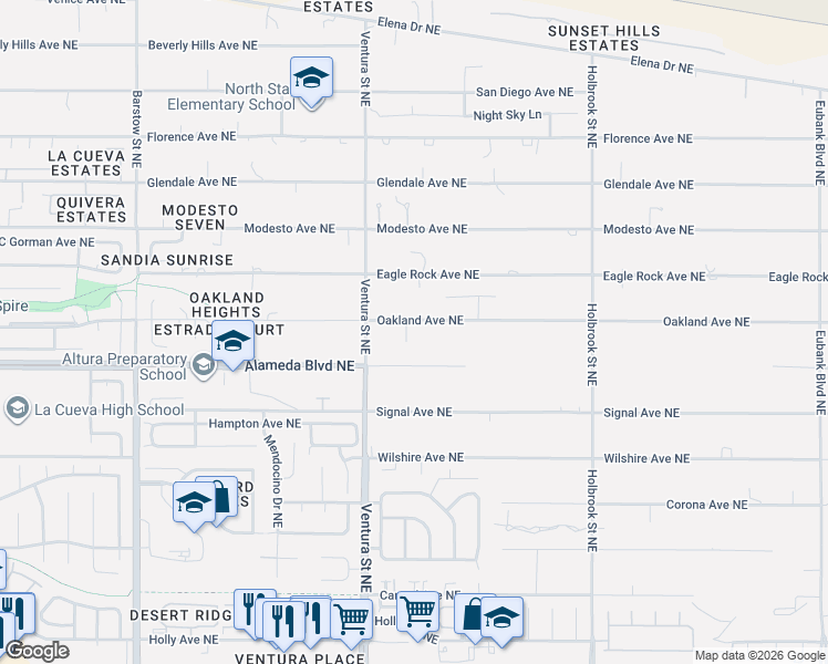 map of restaurants, bars, coffee shops, grocery stores, and more near 9154 Oakland Avenue Northeast in Albuquerque