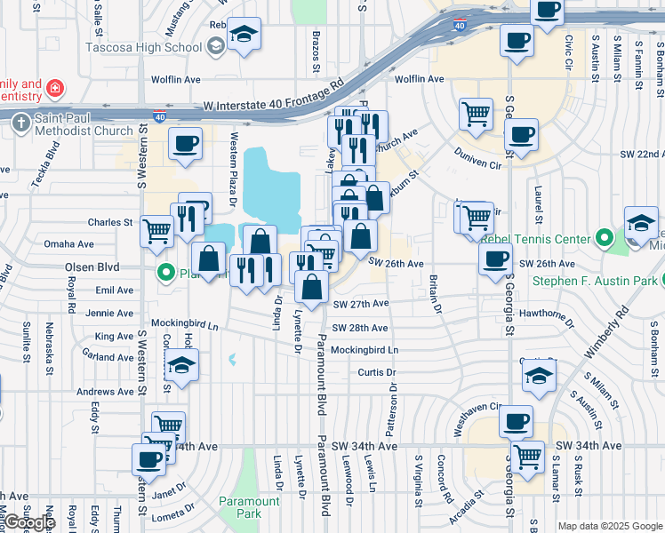 map of restaurants, bars, coffee shops, grocery stores, and more near 2626 Paramount Boulevard in Amarillo