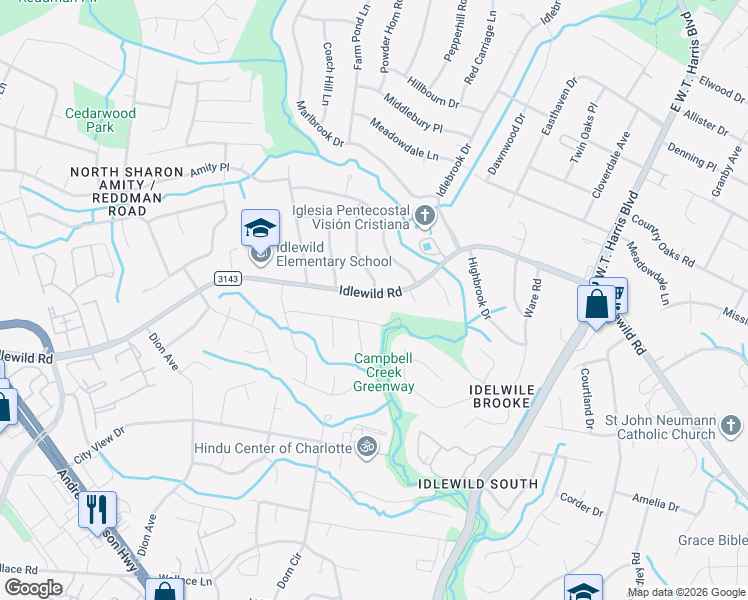 map of restaurants, bars, coffee shops, grocery stores, and more near 7408 Idlewild Road in Charlotte