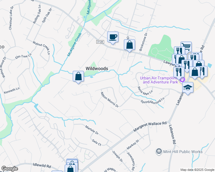 map of restaurants, bars, coffee shops, grocery stores, and more near 7438 Barn Stone Dr in Charlotte