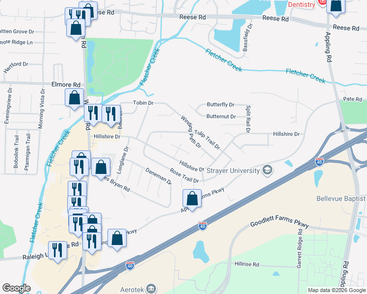 map of restaurants, bars, coffee shops, grocery stores, and more near 2198 Hillshire Cove in Memphis
