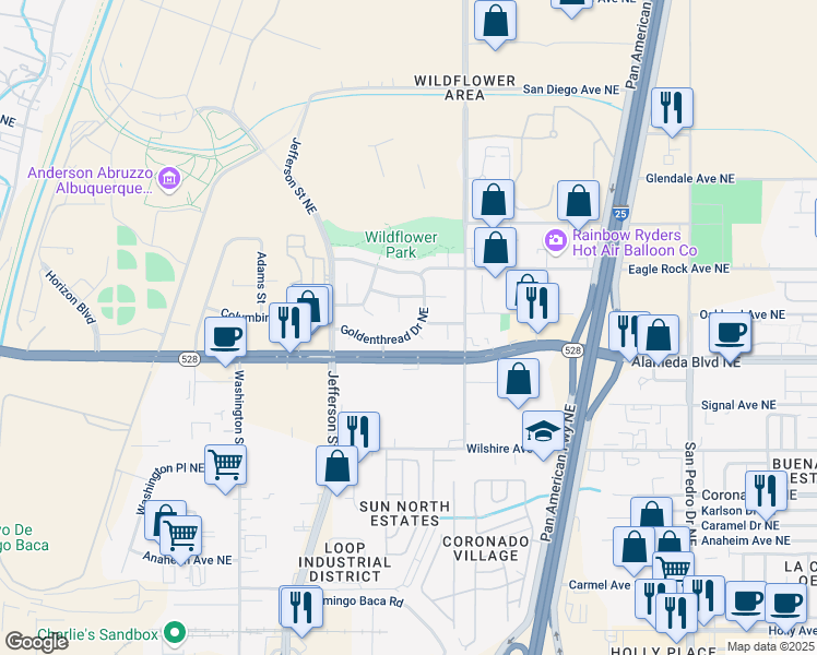 map of restaurants, bars, coffee shops, grocery stores, and more near 5021 Golden Thread Drive Northeast in Albuquerque