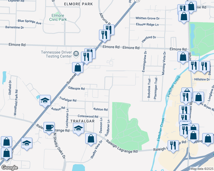 map of restaurants, bars, coffee shops, grocery stores, and more near 2208 Bromley Lane in Memphis