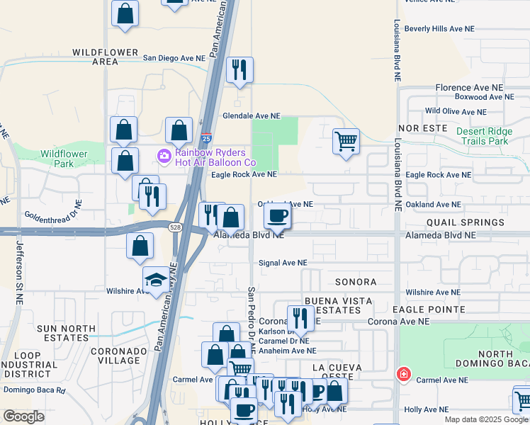 map of restaurants, bars, coffee shops, grocery stores, and more near 99999 Oakland Avenue Northeast in Albuquerque