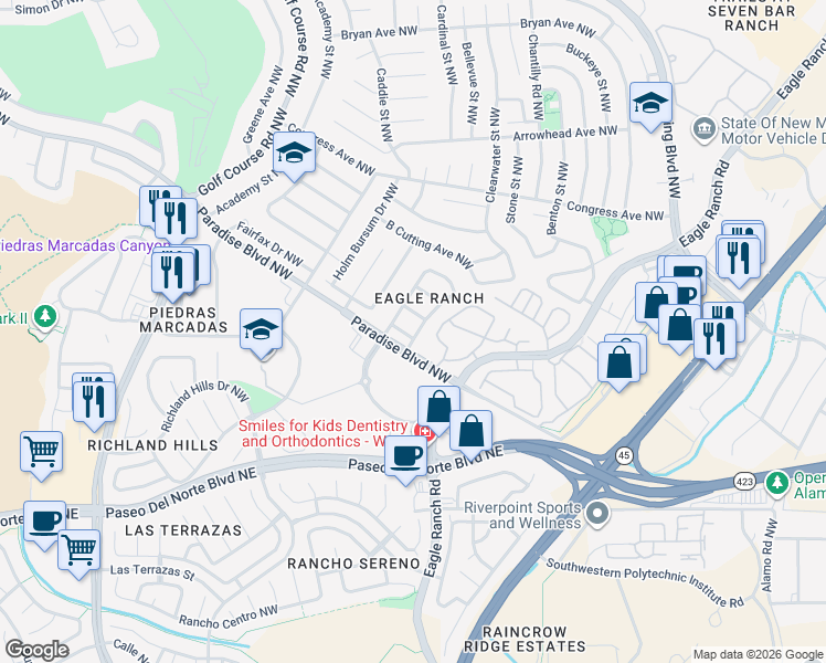 map of restaurants, bars, coffee shops, grocery stores, and more near 4701 Wildfire Road Northwest in Albuquerque