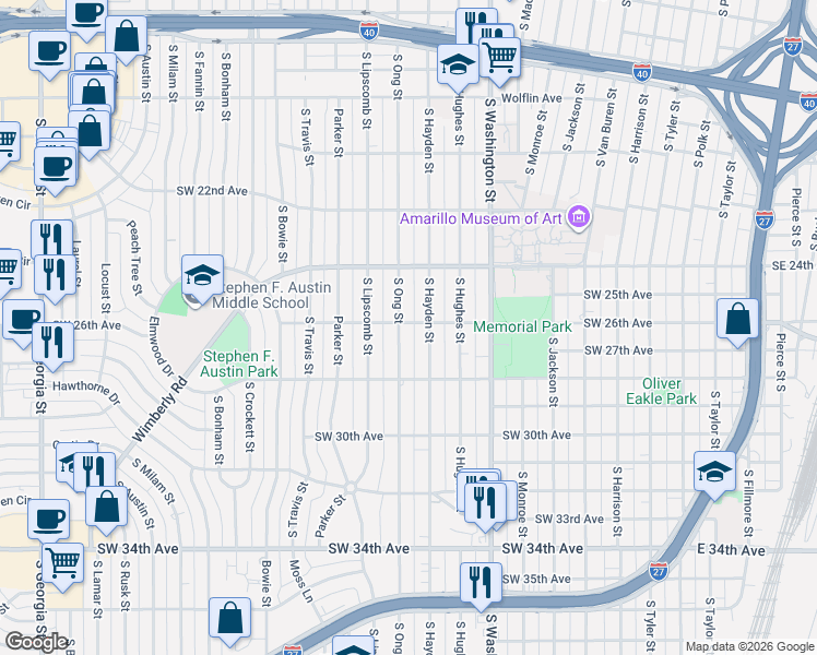 map of restaurants, bars, coffee shops, grocery stores, and more near 2600 South Hayden Street in Amarillo