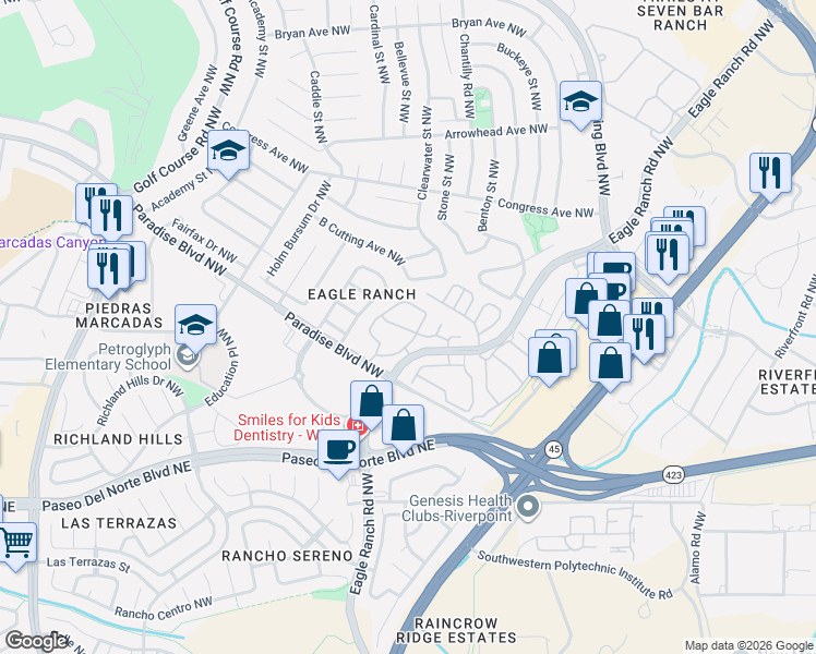 map of restaurants, bars, coffee shops, grocery stores, and more near 10200 Coors Bypass Northwest in Albuquerque