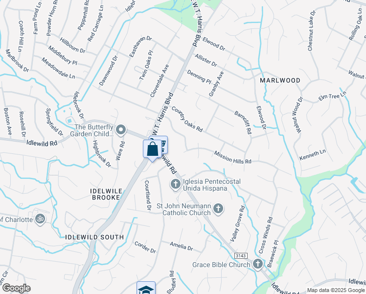 map of restaurants, bars, coffee shops, grocery stores, and more near 8232 Meadowdale Lane in Charlotte
