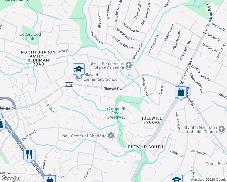 map of restaurants, bars, coffee shops, grocery stores, and more near 7408 Idlewild Road in Charlotte