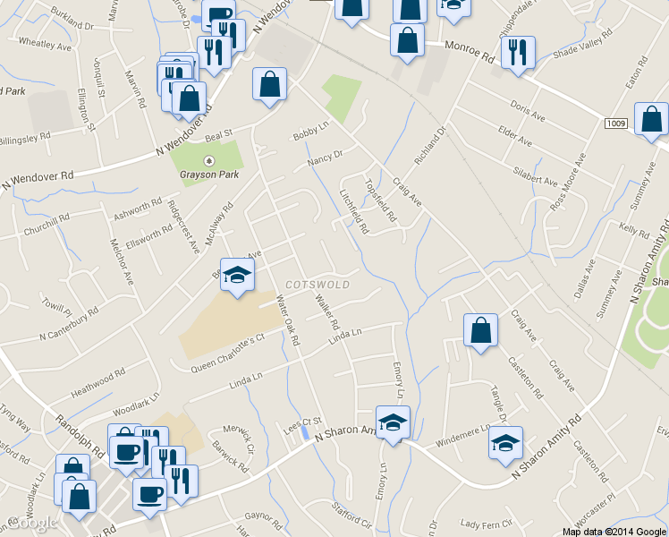 map of restaurants, bars, coffee shops, grocery stores, and more near in Charlotte