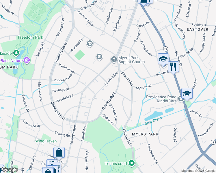 map of restaurants, bars, coffee shops, grocery stores, and more near 2115 Roswell Avenue in Charlotte