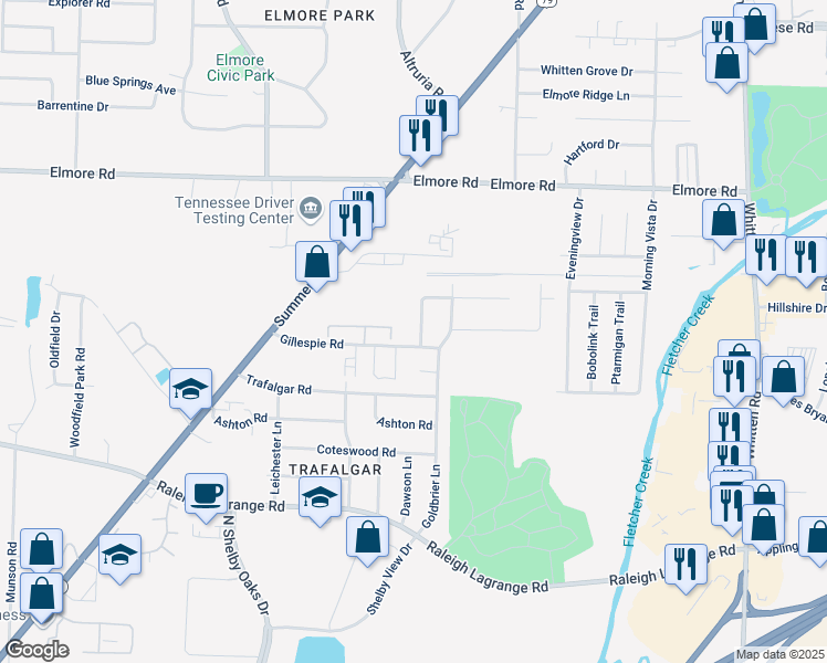 map of restaurants, bars, coffee shops, grocery stores, and more near 2208 Bromley Lane in Memphis