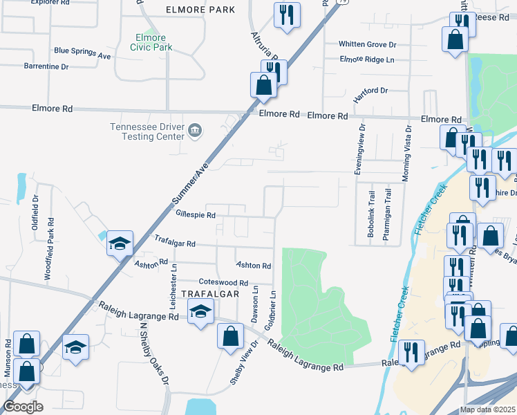 map of restaurants, bars, coffee shops, grocery stores, and more near 2208 Bromley Lane in Memphis