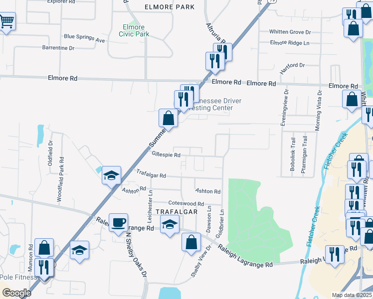 map of restaurants, bars, coffee shops, grocery stores, and more near 6320 Gillespie Road in Memphis
