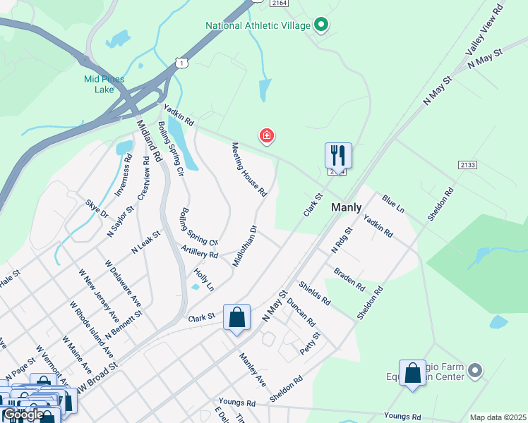 map of restaurants, bars, coffee shops, grocery stores, and more near 300 Midlothian Drive in Southern Pines