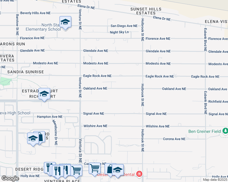 map of restaurants, bars, coffee shops, grocery stores, and more near 9304 Oakland Avenue Northeast in Albuquerque