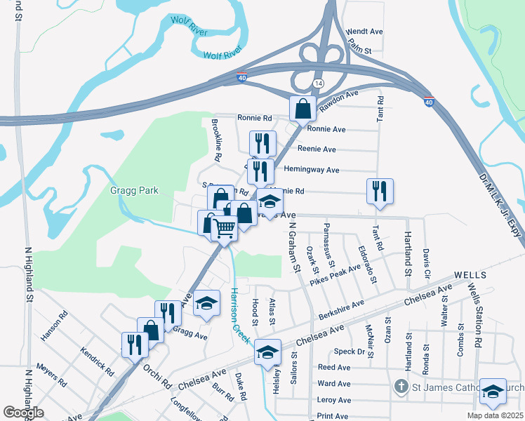 map of restaurants, bars, coffee shops, grocery stores, and more near 3918 Wales Avenue in Memphis