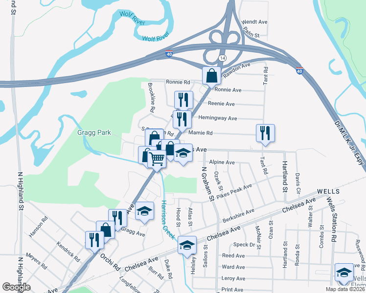 map of restaurants, bars, coffee shops, grocery stores, and more near 3918 Wales Avenue in Memphis