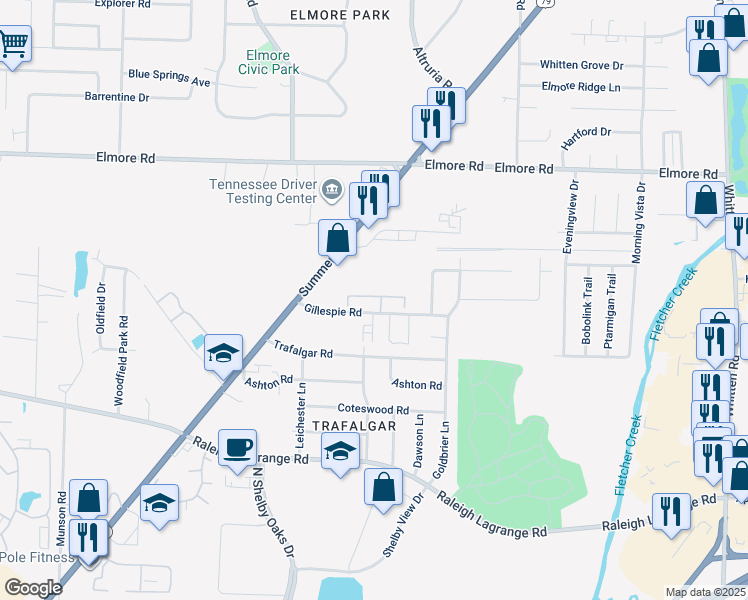 map of restaurants, bars, coffee shops, grocery stores, and more near 6320 Gillespie Road in Memphis