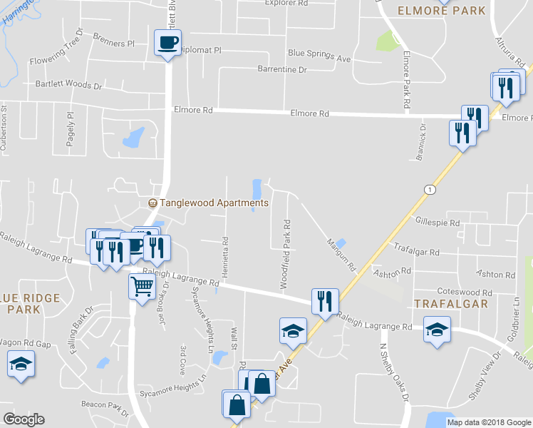 map of restaurants, bars, coffee shops, grocery stores, and more near 2203 Oldfield Drive in Memphis