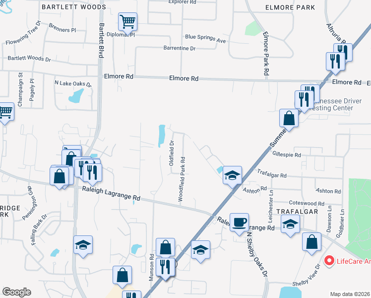 map of restaurants, bars, coffee shops, grocery stores, and more near 2206 Woodfield Park Road in Memphis