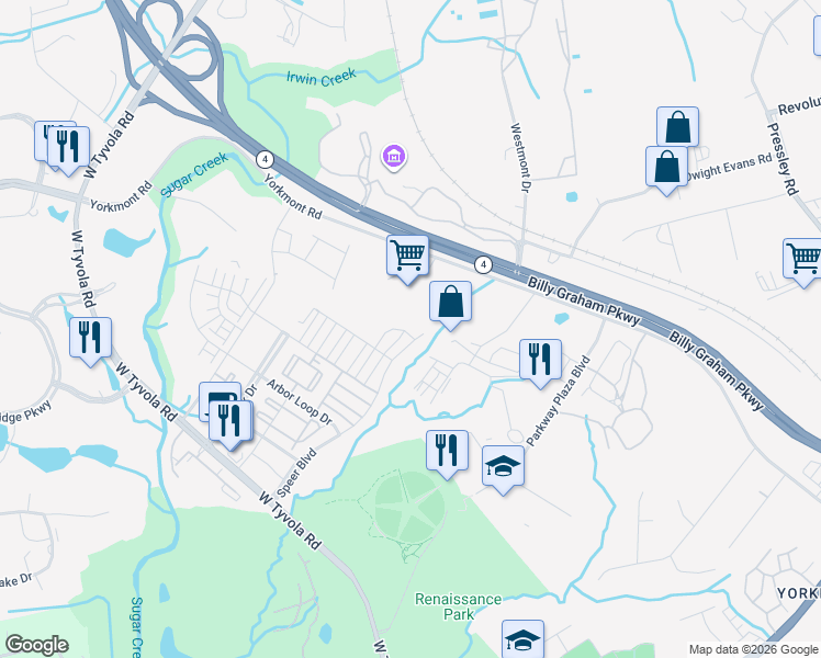 map of restaurants, bars, coffee shops, grocery stores, and more near 4014 Audubon Park Dr in Charlotte