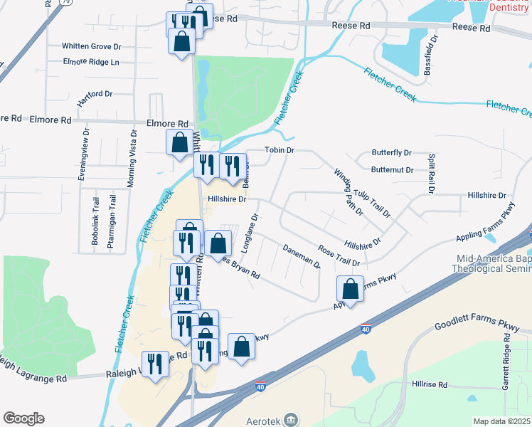 map of restaurants, bars, coffee shops, grocery stores, and more near 6930 Longlane Cove in Memphis