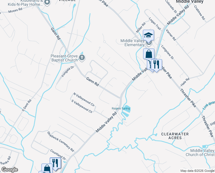 map of restaurants, bars, coffee shops, grocery stores, and more near 7624 Lenox Trace Drive in Middle Valley