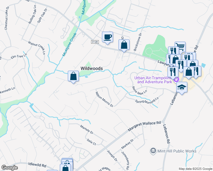 map of restaurants, bars, coffee shops, grocery stores, and more near 7438 Barn Stone Drive in Charlotte