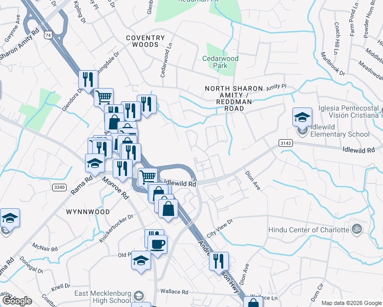 map of restaurants, bars, coffee shops, grocery stores, and more near 5716 Cedars East Court in Charlotte