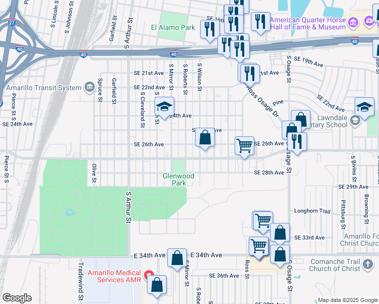 map of restaurants, bars, coffee shops, grocery stores, and more near 2607 South Roberts Street in Amarillo