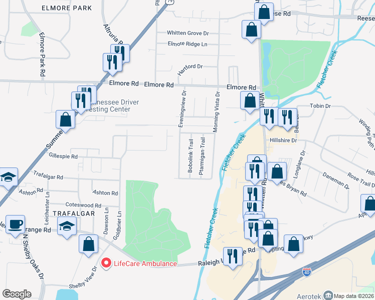 map of restaurants, bars, coffee shops, grocery stores, and more near 2203 Bobolink Trail in Memphis