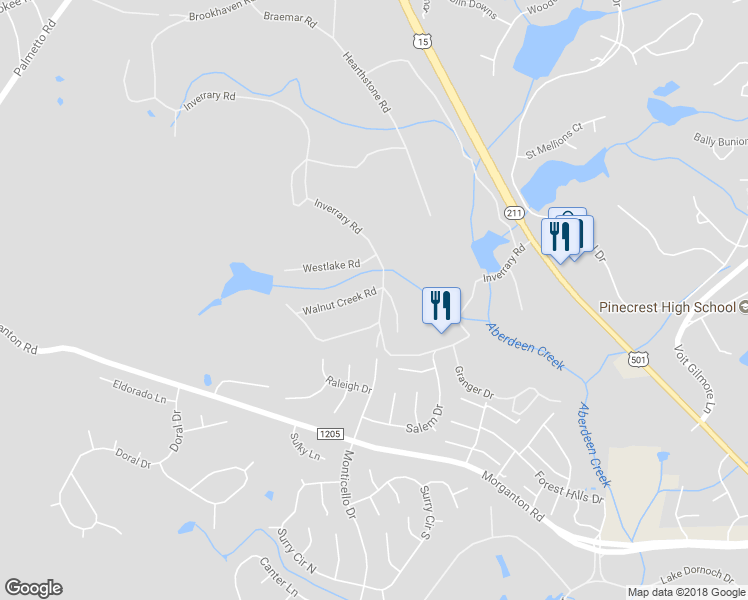 map of restaurants, bars, coffee shops, grocery stores, and more near 10 Walnut Creek Road in Pinehurst