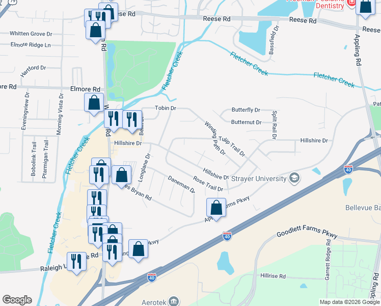 map of restaurants, bars, coffee shops, grocery stores, and more near 7029 Tree Line Cove in Bartlett