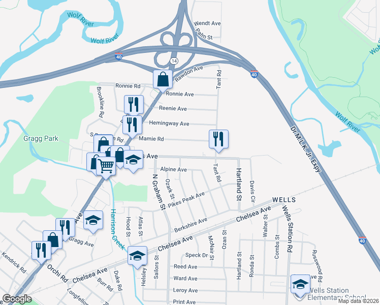 map of restaurants, bars, coffee shops, grocery stores, and more near 4072 Wales Avenue in Memphis