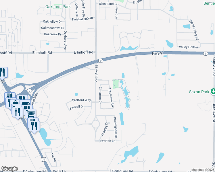 map of restaurants, bars, coffee shops, grocery stores, and more near 2420 Cimarron Drive in Norman