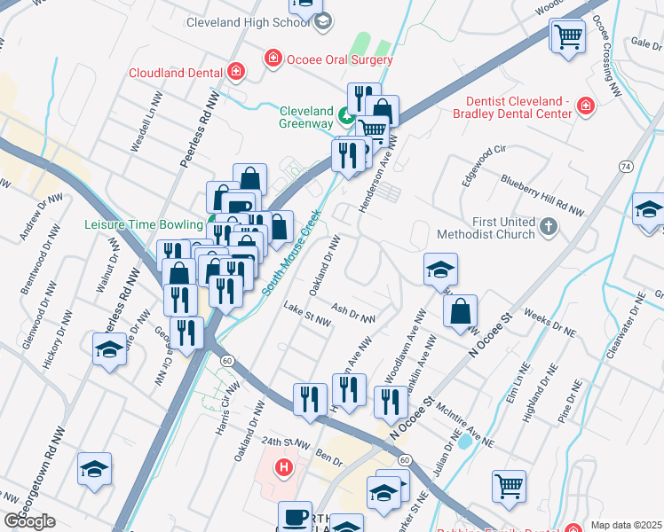 map of restaurants, bars, coffee shops, grocery stores, and more near 3010 Oakland Dr NW in Cleveland