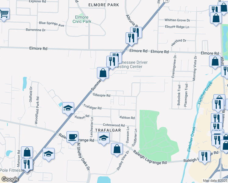 map of restaurants, bars, coffee shops, grocery stores, and more near 6320 Gillespie Road in Memphis