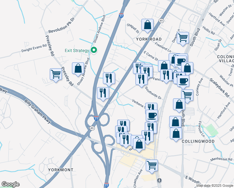 map of restaurants, bars, coffee shops, grocery stores, and more near 4400 Yancey Road in Charlotte