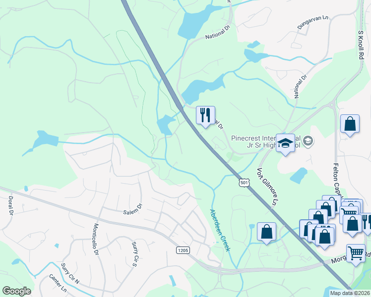 map of restaurants, bars, coffee shops, grocery stores, and more near 45 Beckett Ridge in Pinehurst