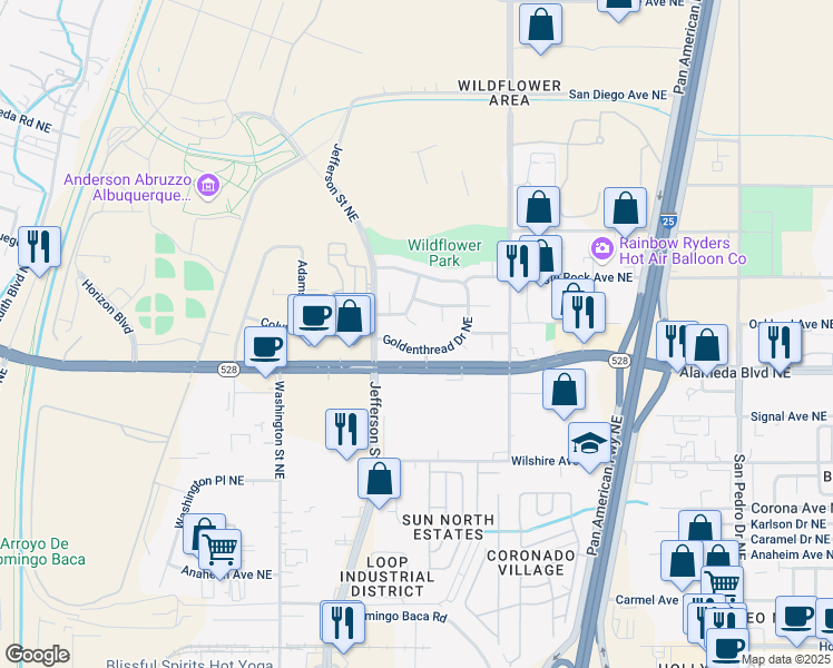 map of restaurants, bars, coffee shops, grocery stores, and more near 8801 Peony Court in Albuquerque