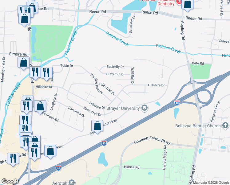 map of restaurants, bars, coffee shops, grocery stores, and more near 7154 Tulip Trail Drive in Memphis