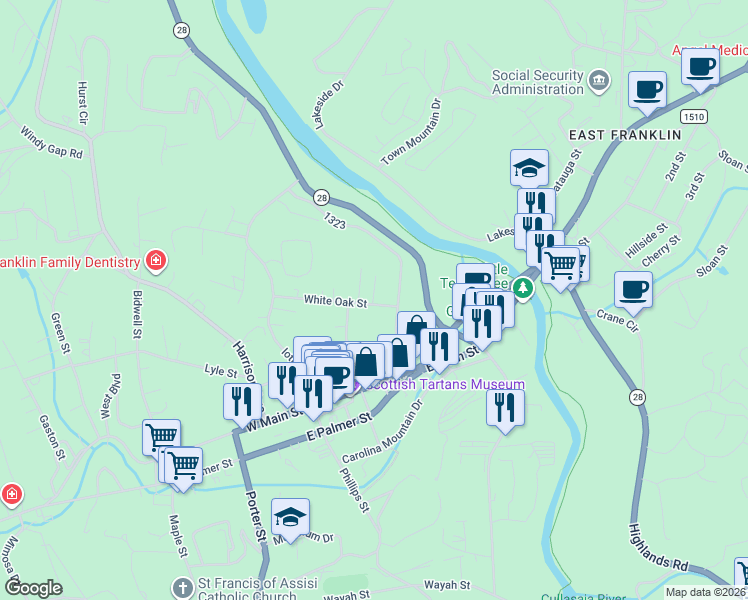 map of restaurants, bars, coffee shops, grocery stores, and more near 99 White Oak Street in Franklin
