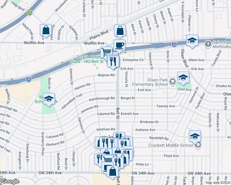map of restaurants, bars, coffee shops, grocery stores, and more near 6001 Adirondack Trail in Amarillo
