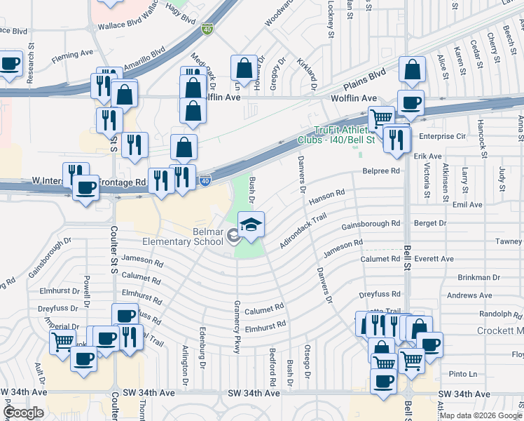 map of restaurants, bars, coffee shops, grocery stores, and more near 6240 Belpree Road in Amarillo