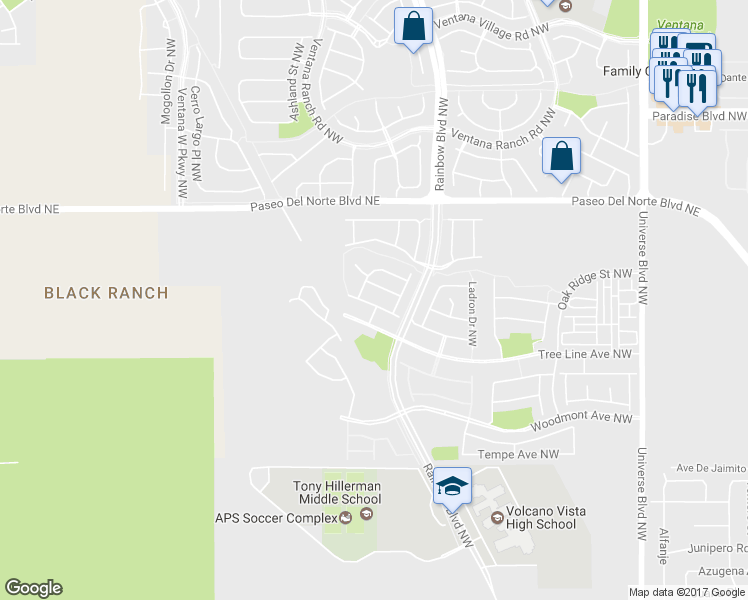 map of restaurants, bars, coffee shops, grocery stores, and more near 7211 Teypana Road Northwest in Albuquerque